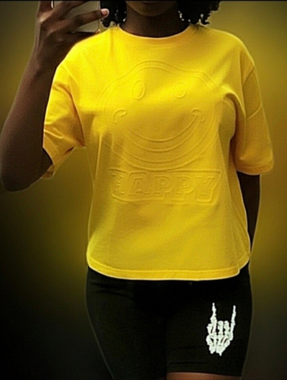 Vtg 90s Living Attitude yellow smiley face Happy graphics oversized crop top L